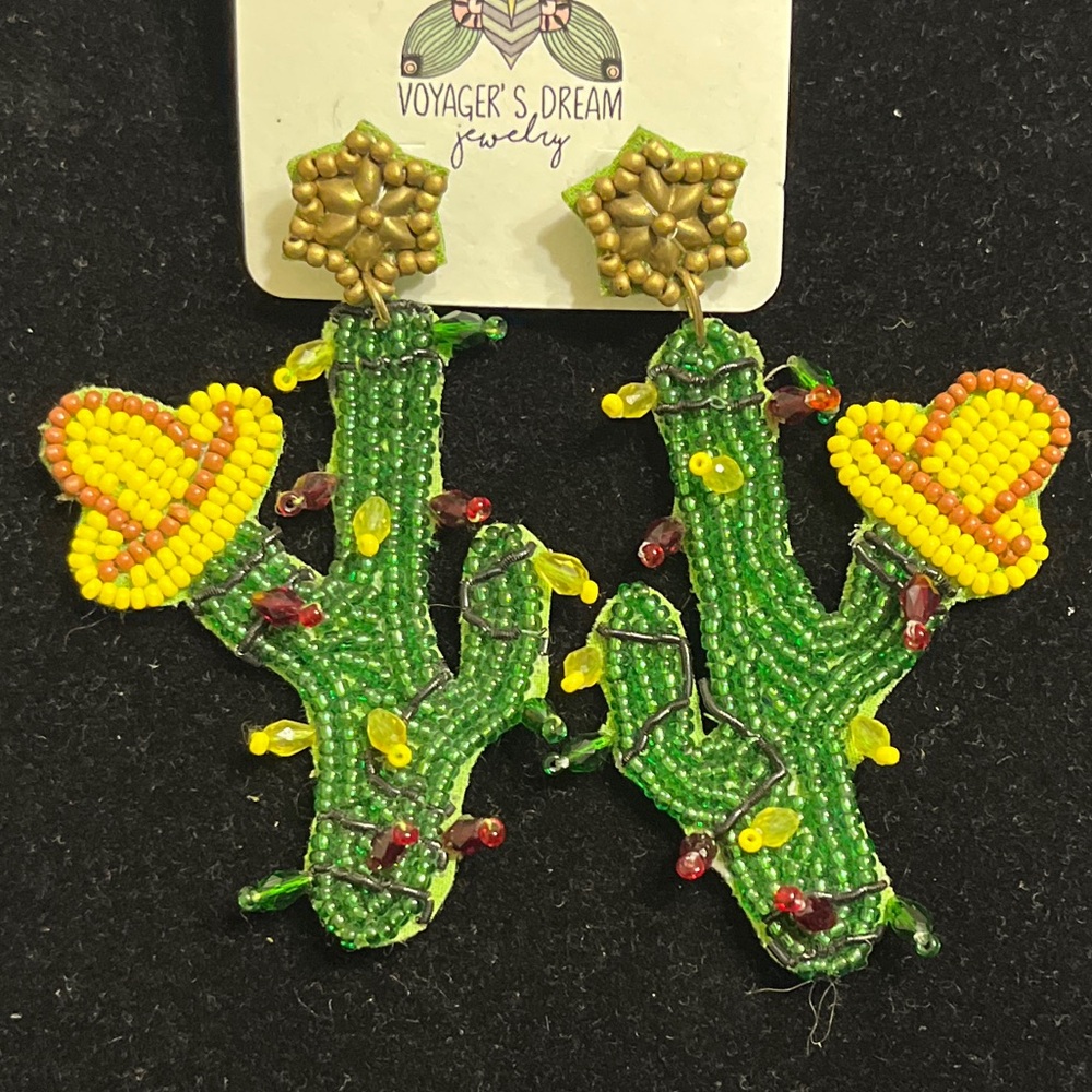 Beaded Cactus Earrings with Cowboy Hats